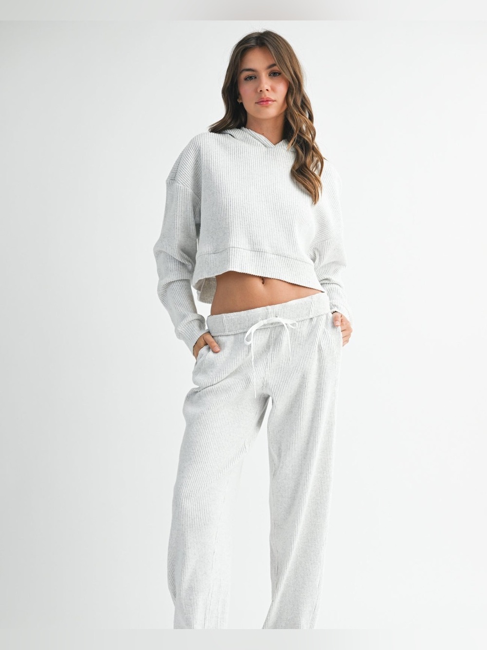 Alo Yoga Muse Ribbed Knit Hoodie & Matching Jogger Set Heather Grey Small